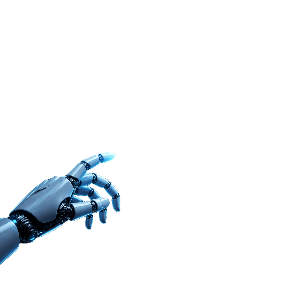 Mão robótica tocando um círculo holográfico de IA cercado por automação, CRM, marketing, analytics e integrações